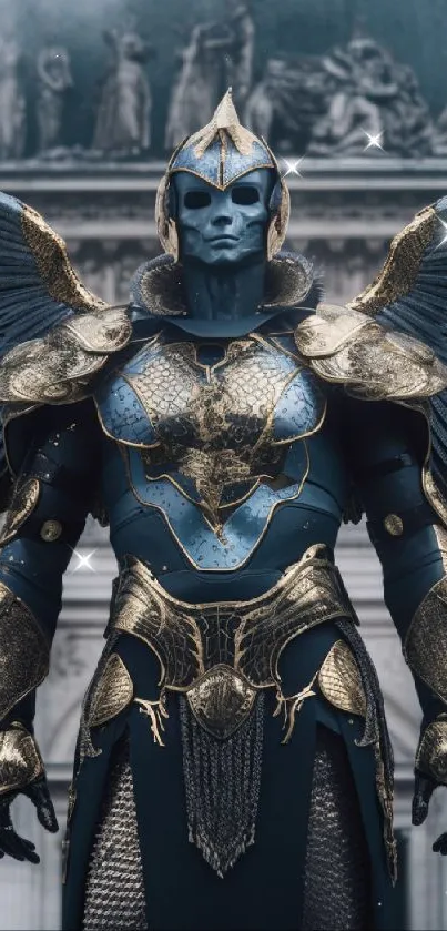 Majestic armored warrior with wings in front of historical architecture.