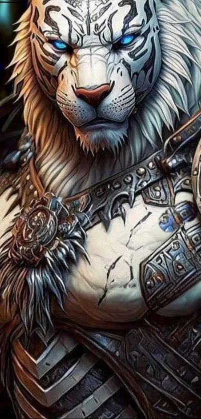 Armored white tiger with glowing blue eyes in fantasy art style.