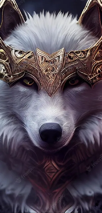 Majestic wolf in intricately designed armor amidst a mystical forest.