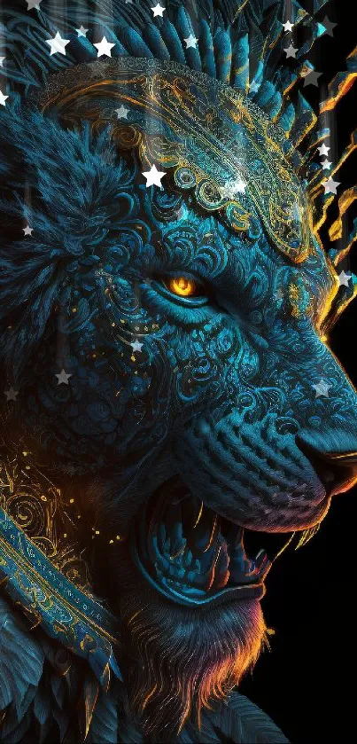 Artistic lion wallpaper with blue and gold details, perfect for phones.