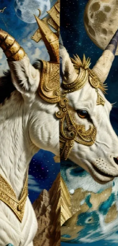 Fantasy unicorn with celestial backdrop in gold armor, featuring moons in space.