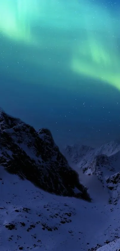 Northern Lights over snowy mountains at night.