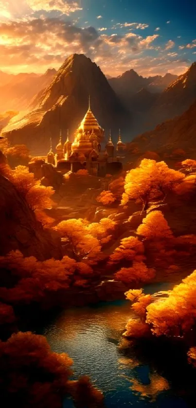Majestic castle surrounded by golden autumn trees and mountains.
