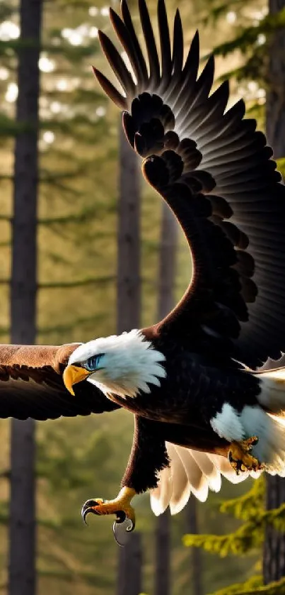 Bald eagle soaring through a forest, wings spread wide.