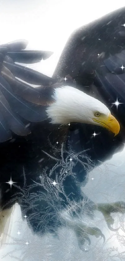 A majestic bald eagle soaring through a frosty sky with widespread wings.