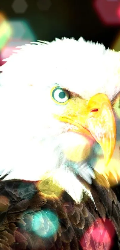 Close-up portrait of a majestic bald eagle with vibrant feather details.