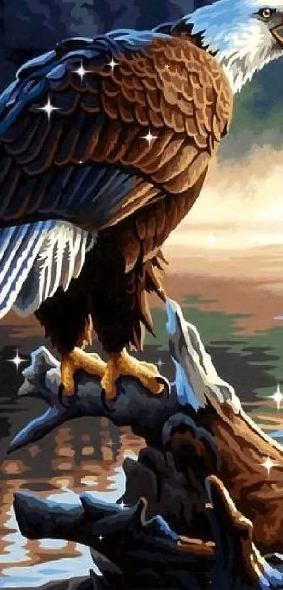 Majestic bald eagle perched by a serene lake.