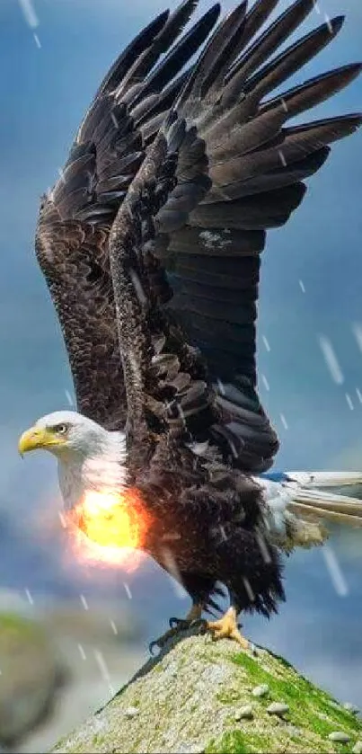 Bald eagle perched on a rock with wings spread wide, in a natural setting.