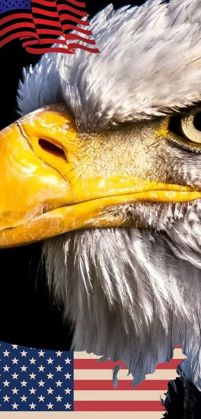 Mobile wallpaper of a bald eagle with an American flag background.