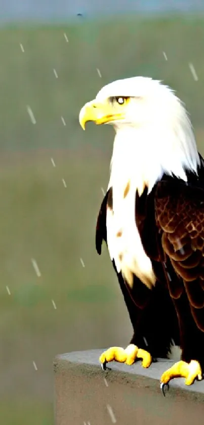 Majestic bald eagle perched with olive green backdrop.