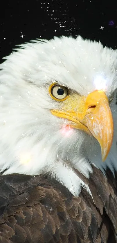 Close-up of a majestic bald eagle with dark background.