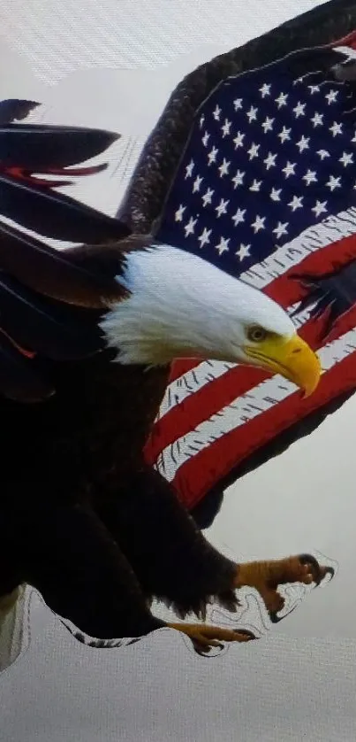 Bald eagle with American flag wings in flight, symbolizing freedom and patriotism.