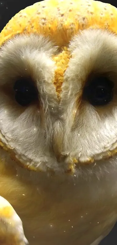 Close-up image of a majestic barn owl in golden hues.