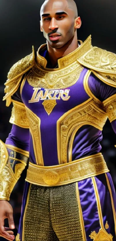 Majestic knight in purple and gold armor, Lakers-themed mobile wallpaper.