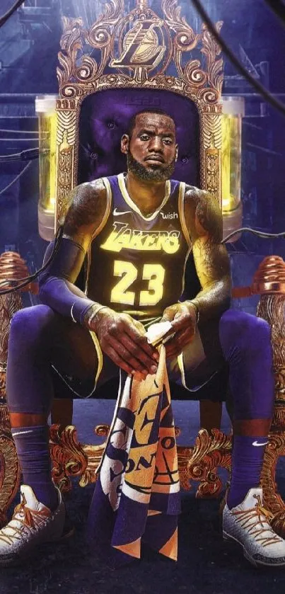 Basketball player on ornate golden throne with purple backdrop.