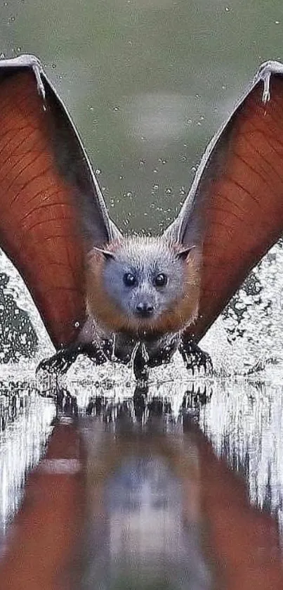 A bat gracefully flying over water with wings spread wide.