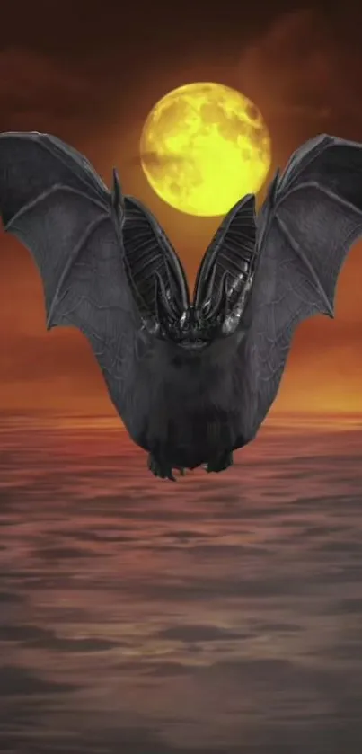 A bat soaring under a full moon above an ocean during twilight.