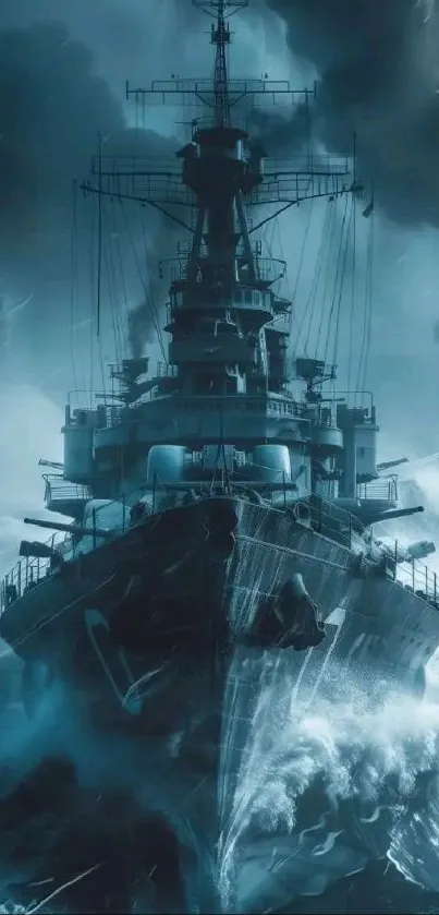 Dynamic battleship amidst crashing ocean waves, creating a dramatic maritime scene.