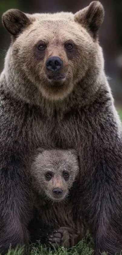 A mother bear with her cub in natural setting, perfect for mobile wallpaper.