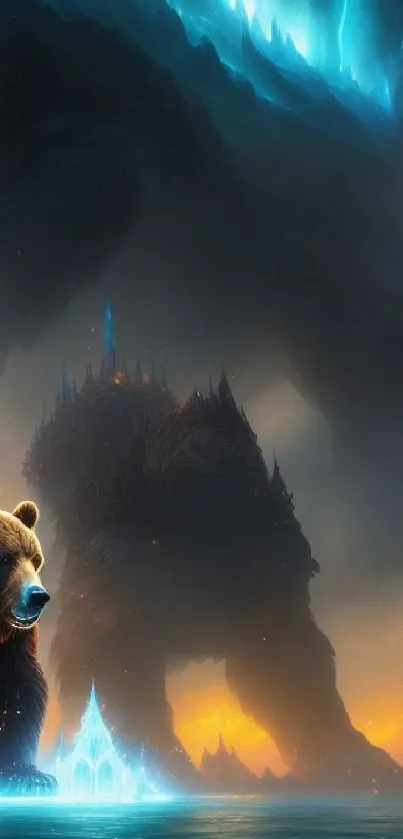 Majestic bear in a glowing, mystical fantasy landscape.