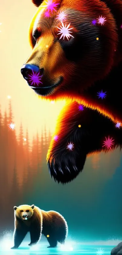 Majestic bear in forest with vibrant colors and serene setting.