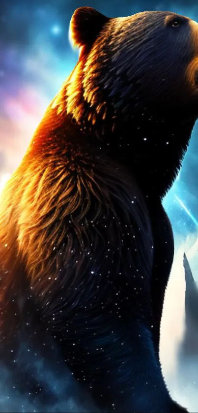 Bear illuminated by cosmic light in a starry landscape wallpaper.