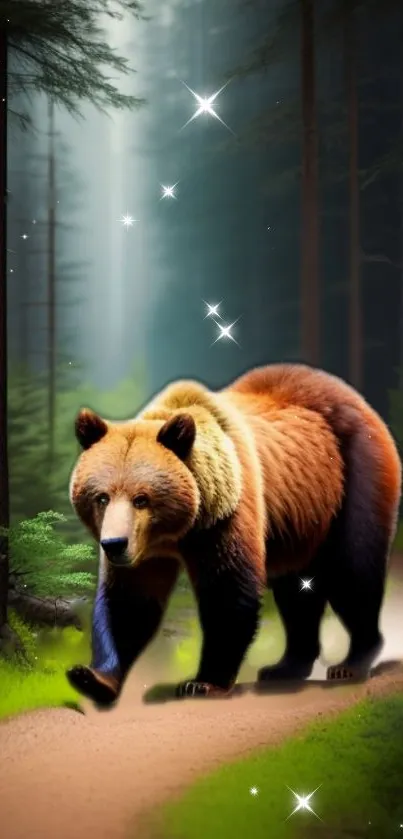 Majestic bear strolling through an enchanted forest surrounded by sparkling stars.