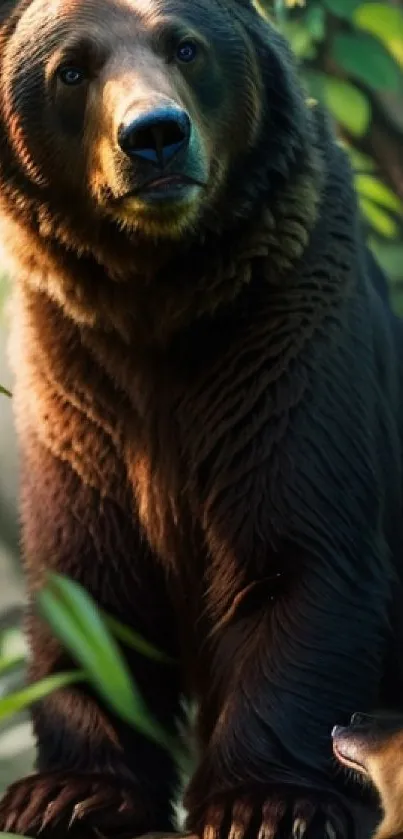 Majestic bear surrounded by green leaves in a forest.