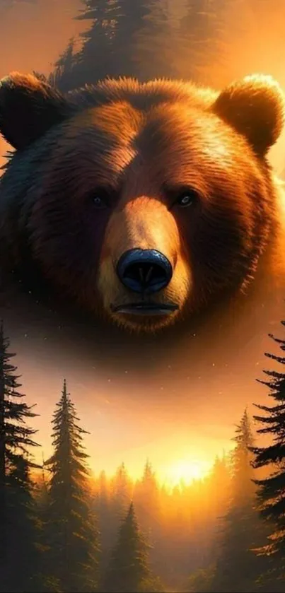 Majestic bear amidst glowing forest at sunset.