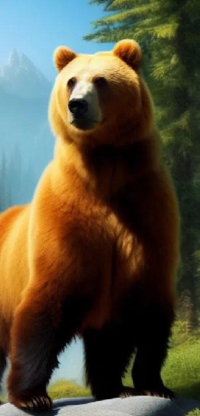 Majestic bear standing in a lush green forest, showcasing nature's beauty.