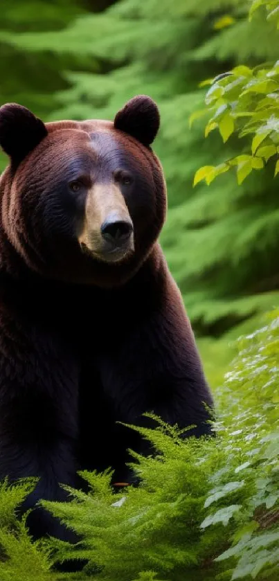 Majestic brown bear in lush green forest background.