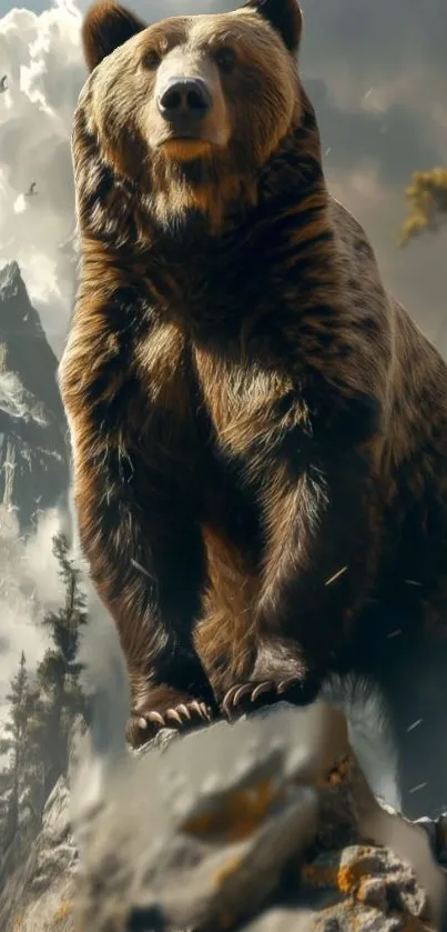 Majestic bear standing in a mountain landscape with dramatic scenery.