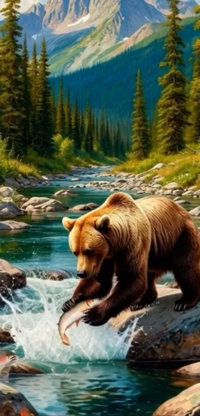 Bear fishing in mountain stream with lush forest backdrop.