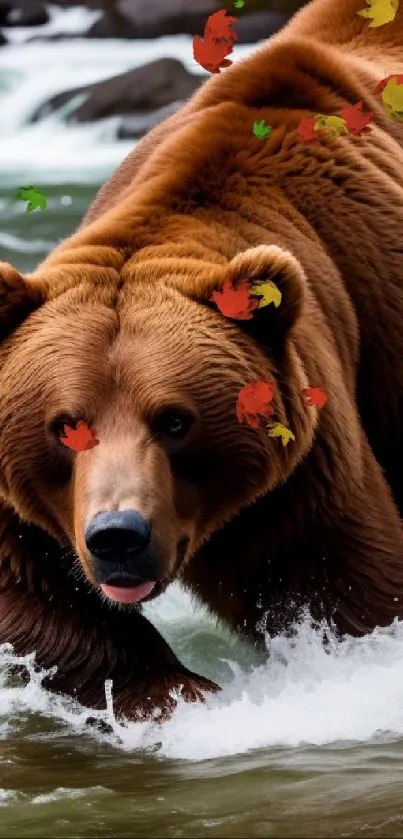Brown bear wading through a flowing river in a natural setting.