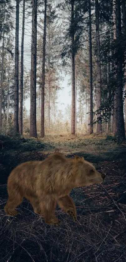 Brown bear standing in a serene forest setting.