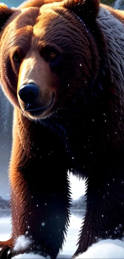 Majestic brown bear in a snowy winter forest.