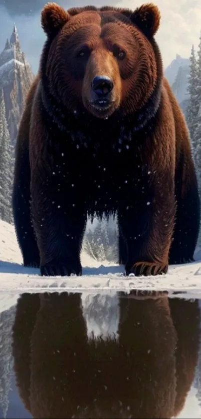 Majestic bear standing in snowy wilderness with reflection in water.