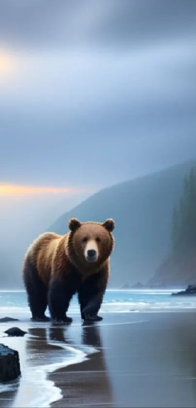 Bear walking on a misty shoreline with a scenic forest backdrop.