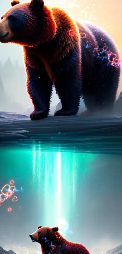 Majestic bear with reflection in a vibrant nature setting.