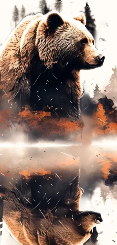 Majestic bear with reflection in a serene forest landscape.