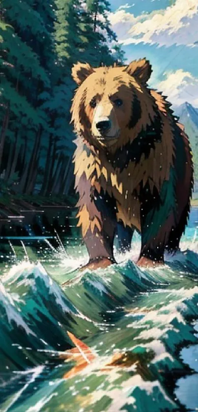 Majestic bear standing in a vibrant river surrounded by a lush forest and mountains.