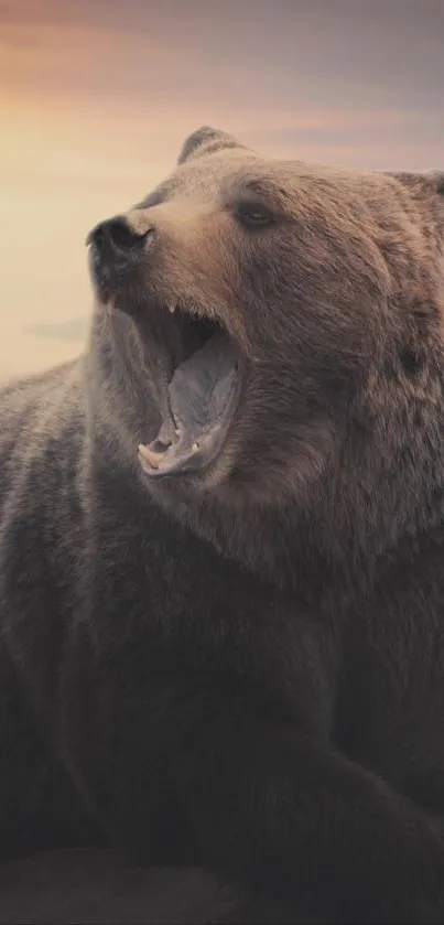 Majestic roaring bear against a soft, scenic backdrop.