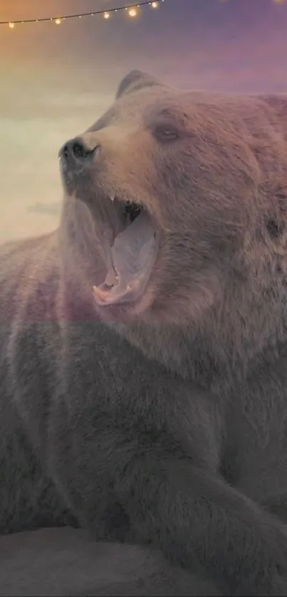 Yawning brown bear under a twilight sky.