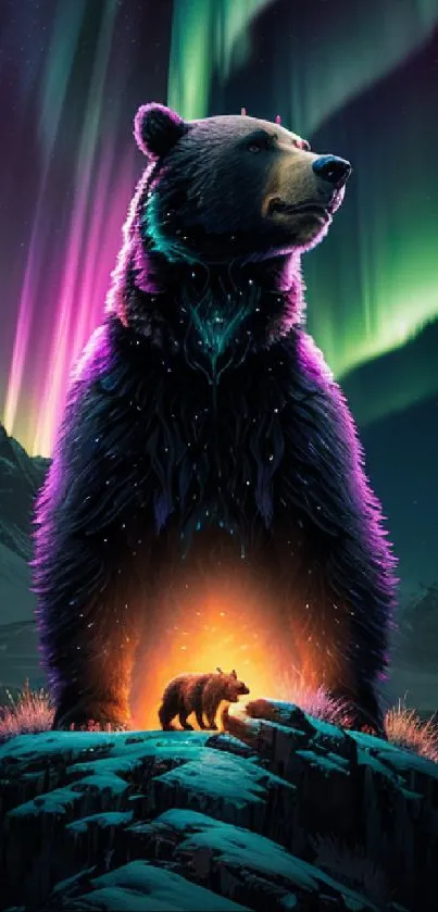 Majestic bear under aurora lights with cub on mountain.