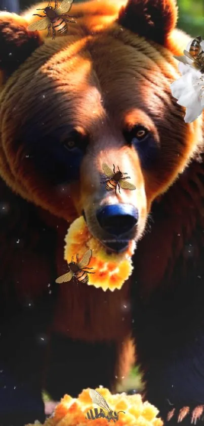 A majestic bear with flowers and bees in a serene nature scene.