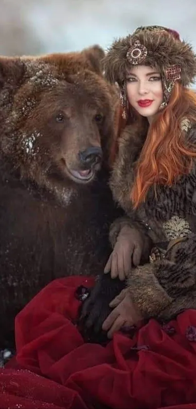 Woman in fur coat with bear, red dress, snowy backdrop.