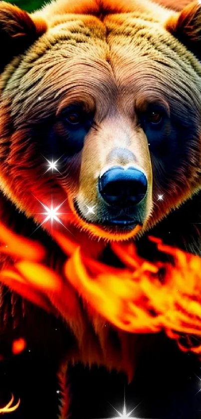 Majestic bear surrounded by vibrant flames in a forest setting on mobile wallpaper.