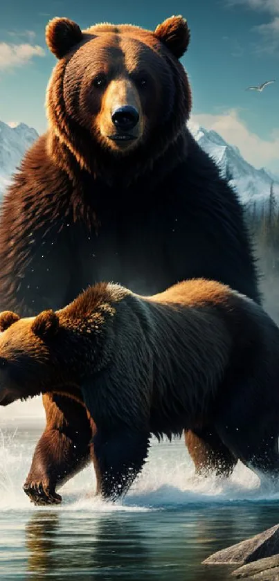 Two majestic brown bears at a mountain lake with snow-capped peaks.