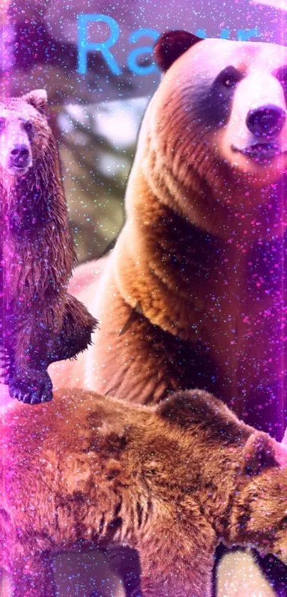 Majestic bears with purple sparkles mobile wallpaper.