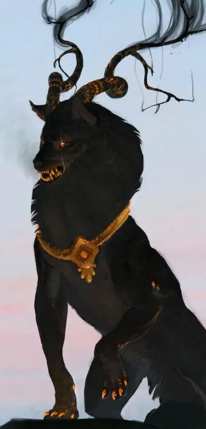 Majestic fantasy beast with golden details and twilight sky background.